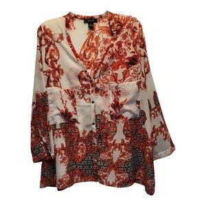 Kaktus Elegant Red and White Semi-Sheer Long Sleeved Patterned Blouse - Size XL